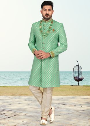 Green Zari Woven Mens Indo Western Sherwani Set