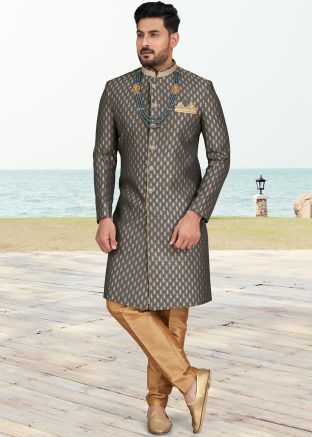 Grey Zari Woven Mens Indo Western Sherwani Set