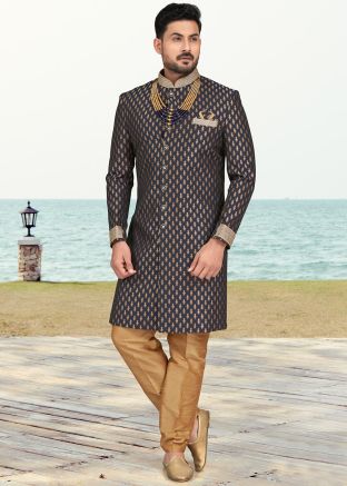 Navy Blue Zari Woven Indo Western Sherwani Set