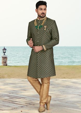Bottle Green Woven Mens Indo Western Sherwani Set
