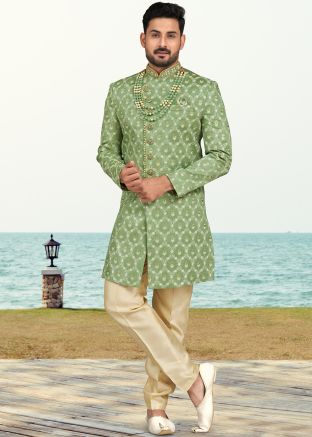 Green Mens Embroidered Indo Western Sherwani