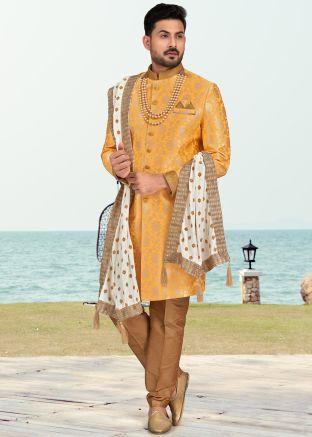 Yellow Zari Woven Indo Western Sherwani & Pajama