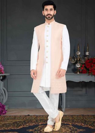 White Woven Indo Western Sherwani In Dupion Silk