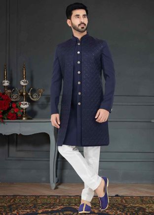 Blue Embroidered Indo Western Sherwani