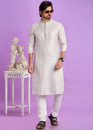 Light Brown Readymade Mens Kurta Pajama In Digital Print