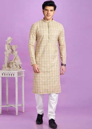Beige Readymade Mens Printed Mens Kurta Pajama In Cotton