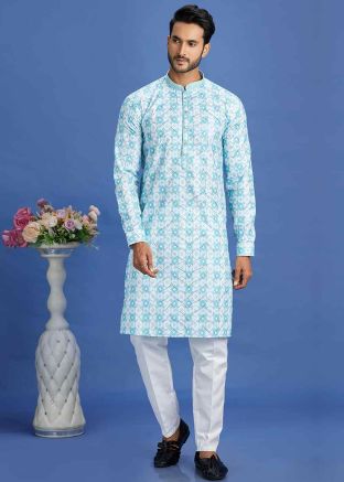 Blue Digital Printed Kurta Pajama In Cotton