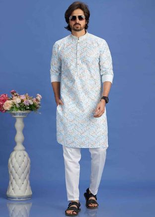 Blue Digital Printed Kurta Pajama In Cotton