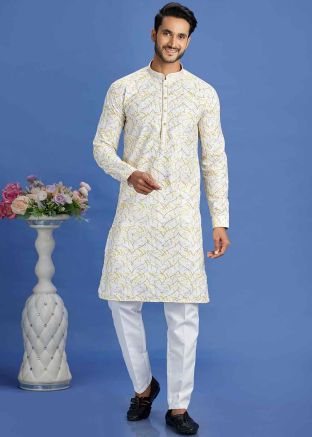Yellow Digital Printed Kurta Pajama In Cotton