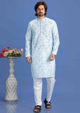 Blue Digital Printed Kurta Pajama In Cotton