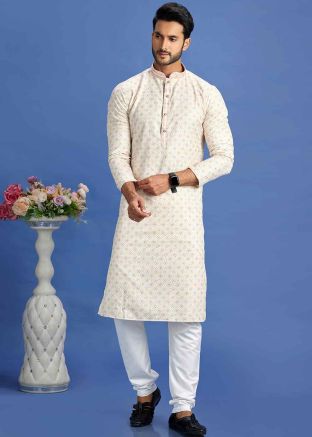 Cream Digital Printed Kurta Pajama In Cotton