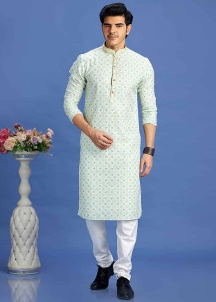 Blue Digital Printed Kurta Pajama In Cotton