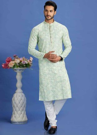 Green Digital Printed Kurta Pajama In Cotton