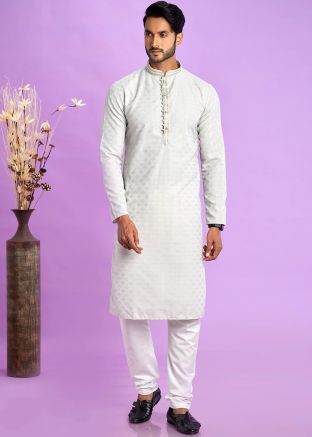 Readymade Light Grey Mens Woven Kurta Pajama