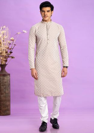 Cream Readymade Mens Woven Kurta & Pajama