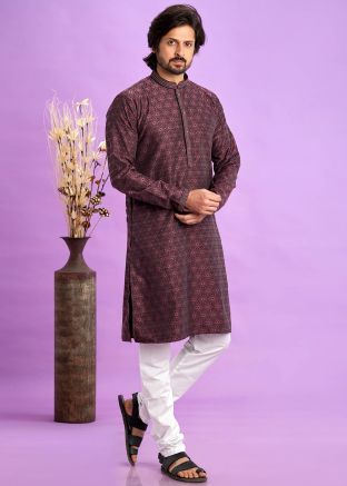 Maroon Woven Mens Readymade Kurta & Pajama