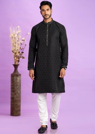 Mens Black Woven Kurta Pajama Set