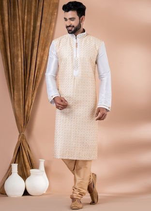 White Embroidered Kurta Pajama In Banarasi Silk