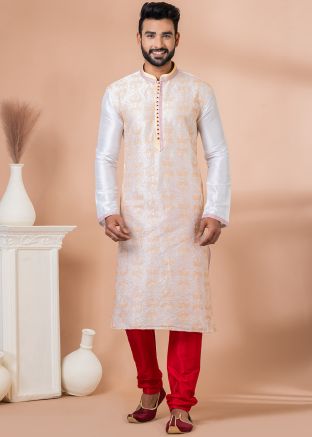 White Embroidered Kurta Pajama In Banarasi Silk