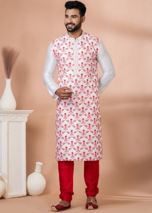 White Embroidered Kurta Pajama In Banarasi Silk