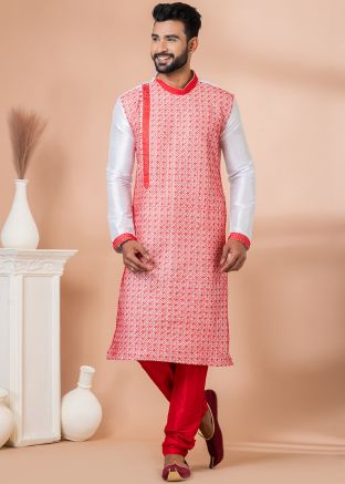 White Embroidered Kurta Pajama In Banarasi Silk