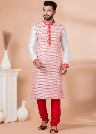 White Embroidered Kurta Pajama In Banarasi Silk