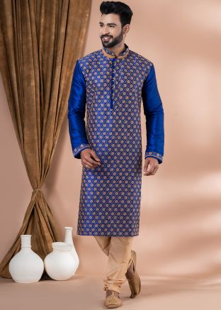 Blue Embroidered Kurta Pajama In Banarasi Silk