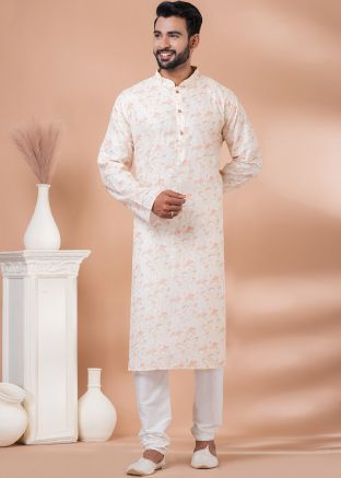 Cream Digital Printed Mens Kurta Pajama Set