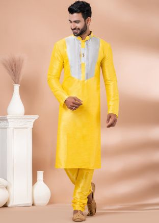 Mens Yellow Dupion Silk Kurta Pajama