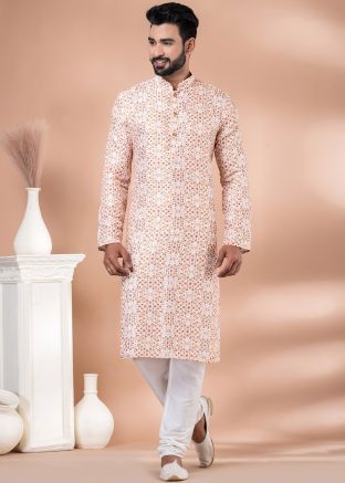 Cream Printed Kurta Pajama In Cotton