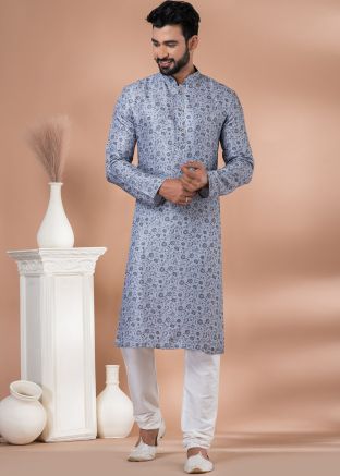 Grey Floral Print Cotton Kurta & Pajama