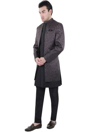 Grey & Black Stone Work Indo Western Sherwani Set