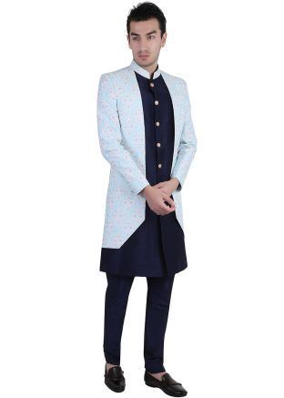 Blue & Navy Blue Woven Indo Western Sherwani In Brocade
