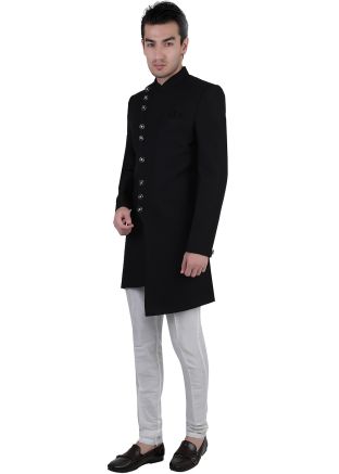 Black Rayon Asymmetric Indo Western Sherwani