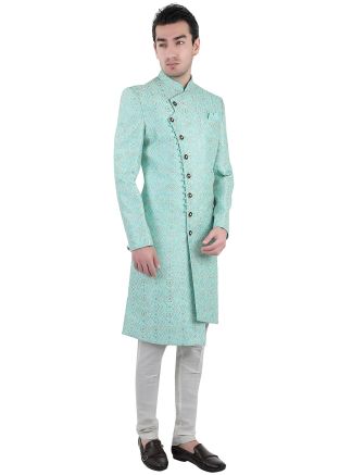 Turquoise Embroidered Asymmetric Indo Western Sherwani