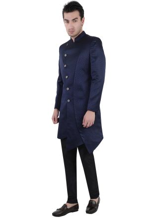 Navy Blue Woven Asymmetric Indo western Sherwani