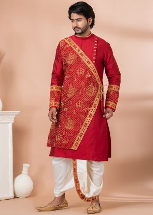 Red Embroidered Viscose Angrakha Style Mens Dhoti Kurta