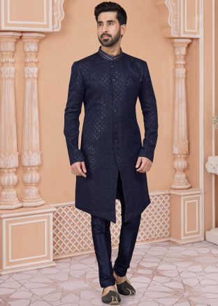 Navy Blue Readymade Embroidered Jacquard Mens Sherwani