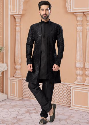 Black Readymade Mens Jacket Style Sherwani Set In Art Silk