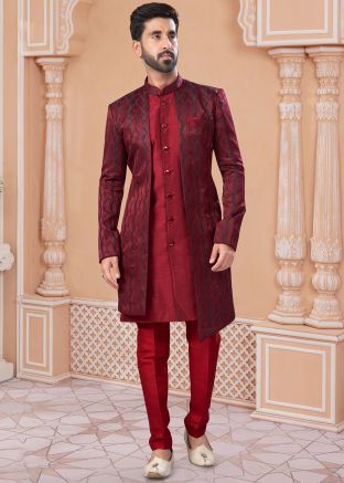 Maroon Readymade Embroidered Mens Jacket Style Sherwani 