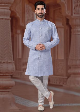 Blue Readymade Embroidered Mens Sherwani Set In Jacquard