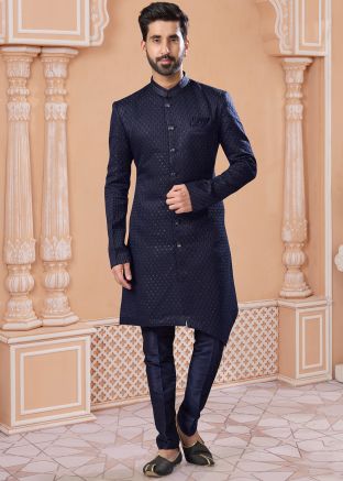 Navy Blue Readymade Embroidered Mens Jacquard Sherwani 