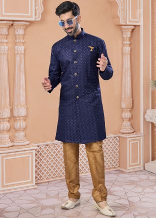 Blue Readymade Embroidered Art Silk Mens Sherwani Set 