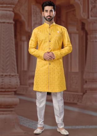 Yellow Embroidered Readymade Sherwani Set In Art Silk