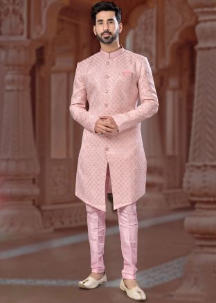 Readymade Embroidered Mens Art Silk Sherwani In Pastel Pink