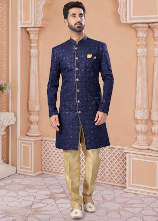Blue Readymade Embroidered Mens Sherwani Set In Art Silk