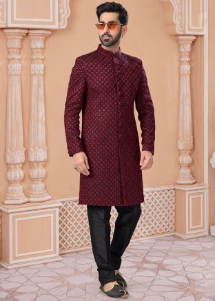 Maroon Readymade Embroidered Mens Jacquard Sherwani 