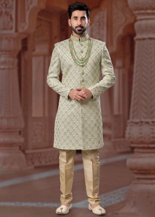 Pastel Green Readymade Mens Jacket Style Sherwani Set