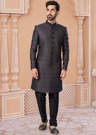 Black Readymade Embroidered Mens Sherwani In Jacquard