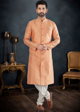 Orange Readymade Jacquard Mens Sherwani 